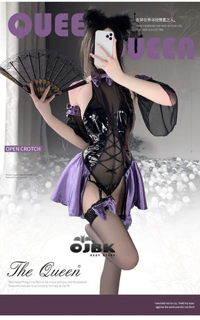 Purple and black lace latex succubus queen lingerie set with sheer mesh panels satin bows and corset-style bodice