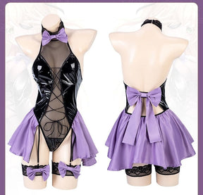 Black patent leather halter bodysuit with purple satin skirt and bows perfect for latex succubus queen cosplay
