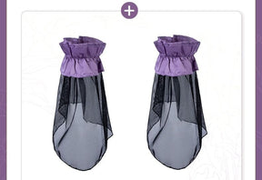 Purple and black mesh shoe covers with elastic tops for latex succubus queen cosplay outfit accessories