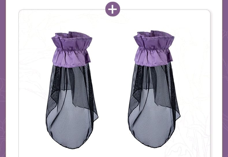 Purple and black mesh shoe covers with elastic tops for latex succubus queen cosplay outfit accessories