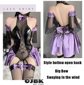 Purple satin lace skirt with black sheer overlay and matching bows for latex succubus queen cosplay outfit