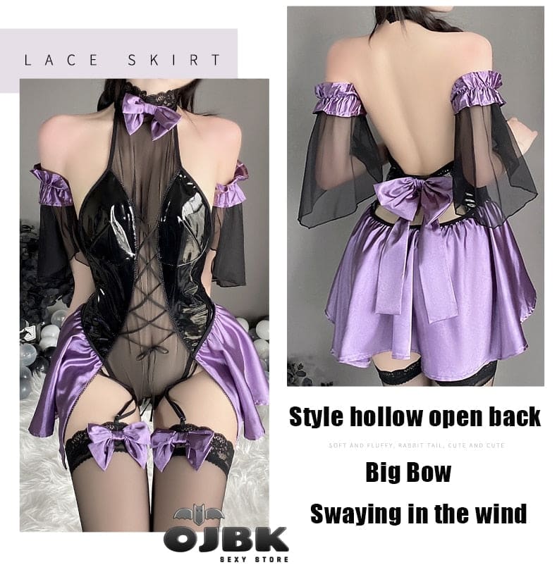 Purple satin lace skirt with black sheer overlay and matching bows for latex succubus queen cosplay outfit