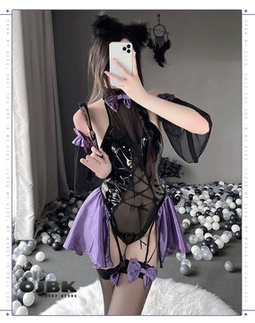Purple and black lace-up latex succubus queen corset bodysuit with sheer mesh panels satin trim and bow accents
