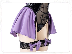 Purple satin skirt with black lace trim and bows paired with sheer black corset for latex succubus queen cosplay
