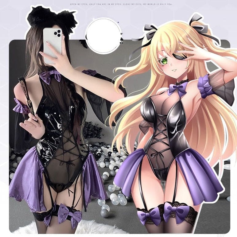Black and purple latex succubus queen corset lingerie set with lace-up front and satin bows for succubus queen cosplay