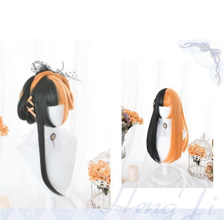Black and orange long split halloween lolita wig with decorative lace headpiece perfect for cosplay looks