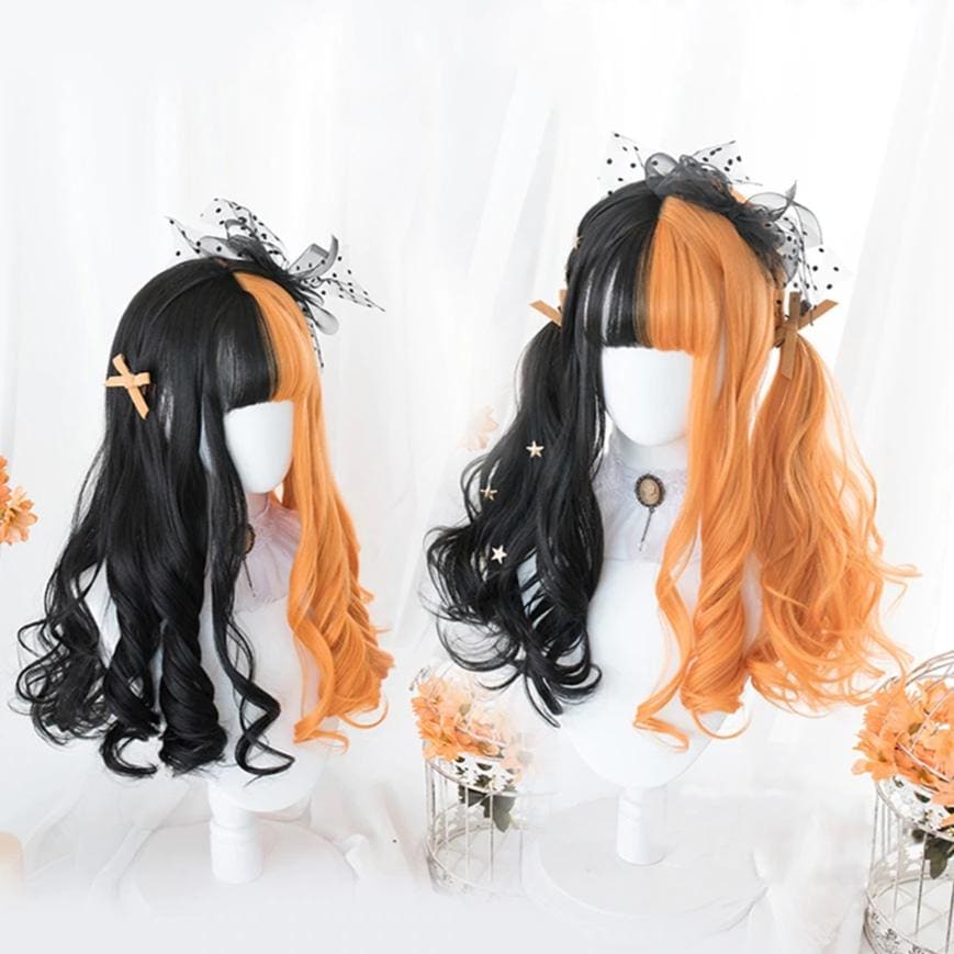 Long split halloween lolita wig black and orange two-toned wavy style with star embellishments and sheer lace clips