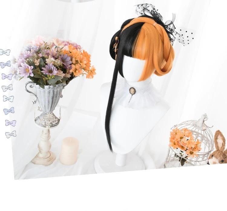 Long split halloween lolita wig with black and orange two toned cosplay style and a cute polka dot bow accessory
