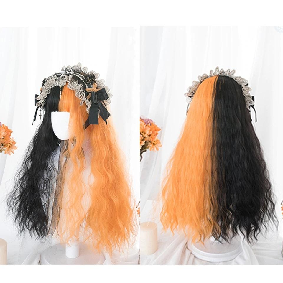 Long split halloween lolita wig with black and orange ombre waves and a lace headband with bows