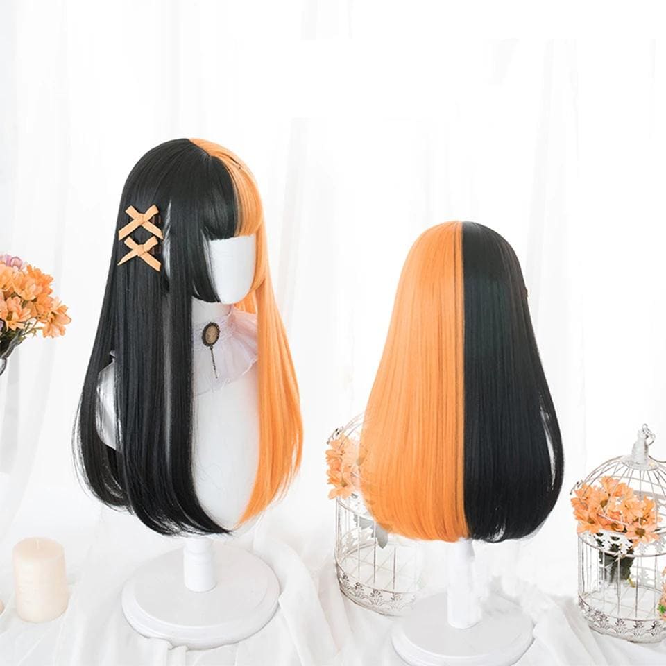 Black and orange two toned long split halloween lolita wig with side swept bang and gold hair clip accessory