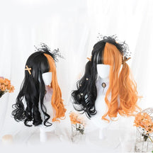 Long split halloween lolita wig with black and orange two-toned waves star embellishments and decorative clips