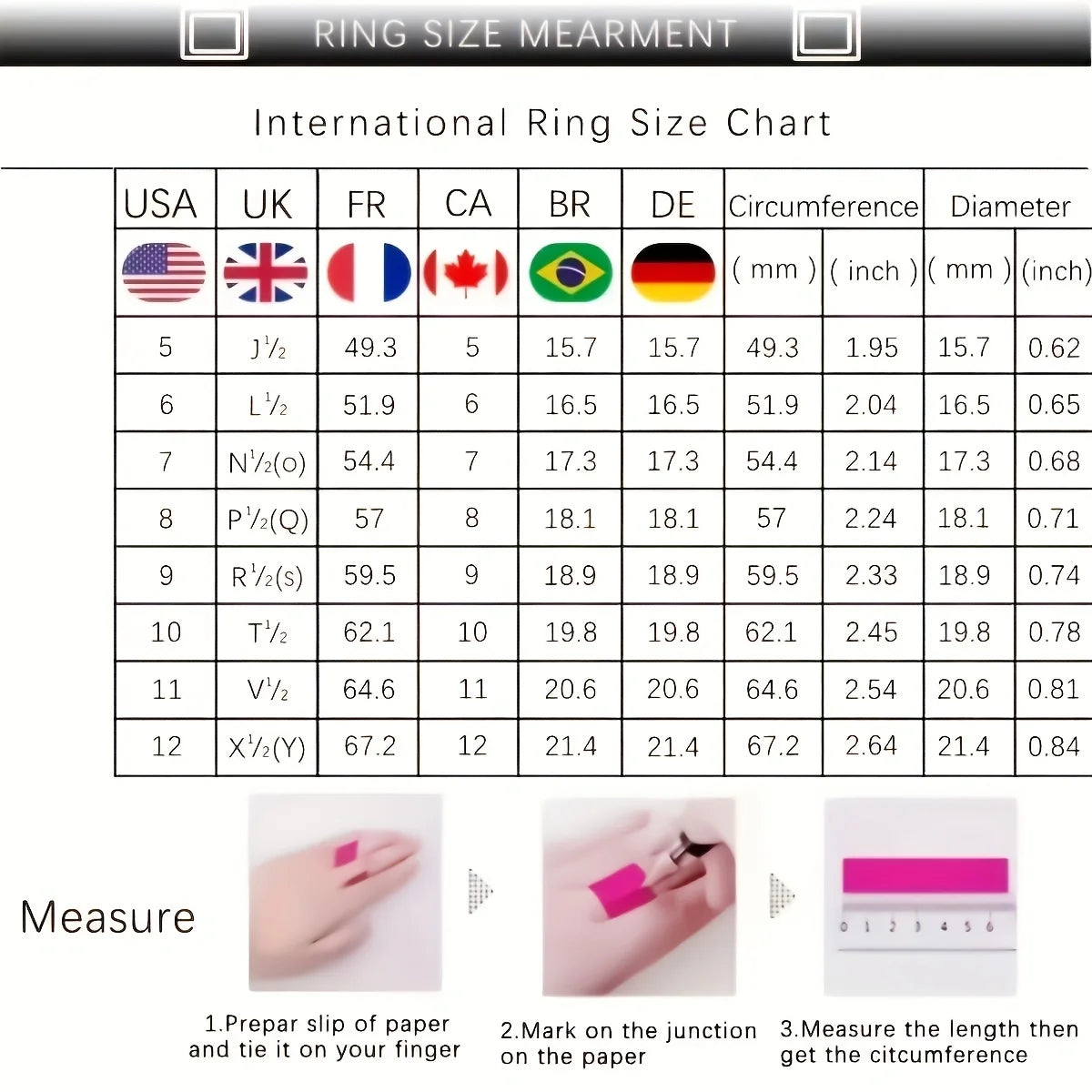 Ring size chart for US sizes 5 through 12 with inner circumference and diameter measurements, plus a paper-strip measuring guide.