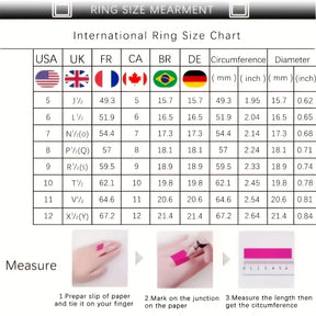 Ring size chart for US sizes 5 through 12 with inner circumference and diameter measurements, plus a paper-strip measuring guide.