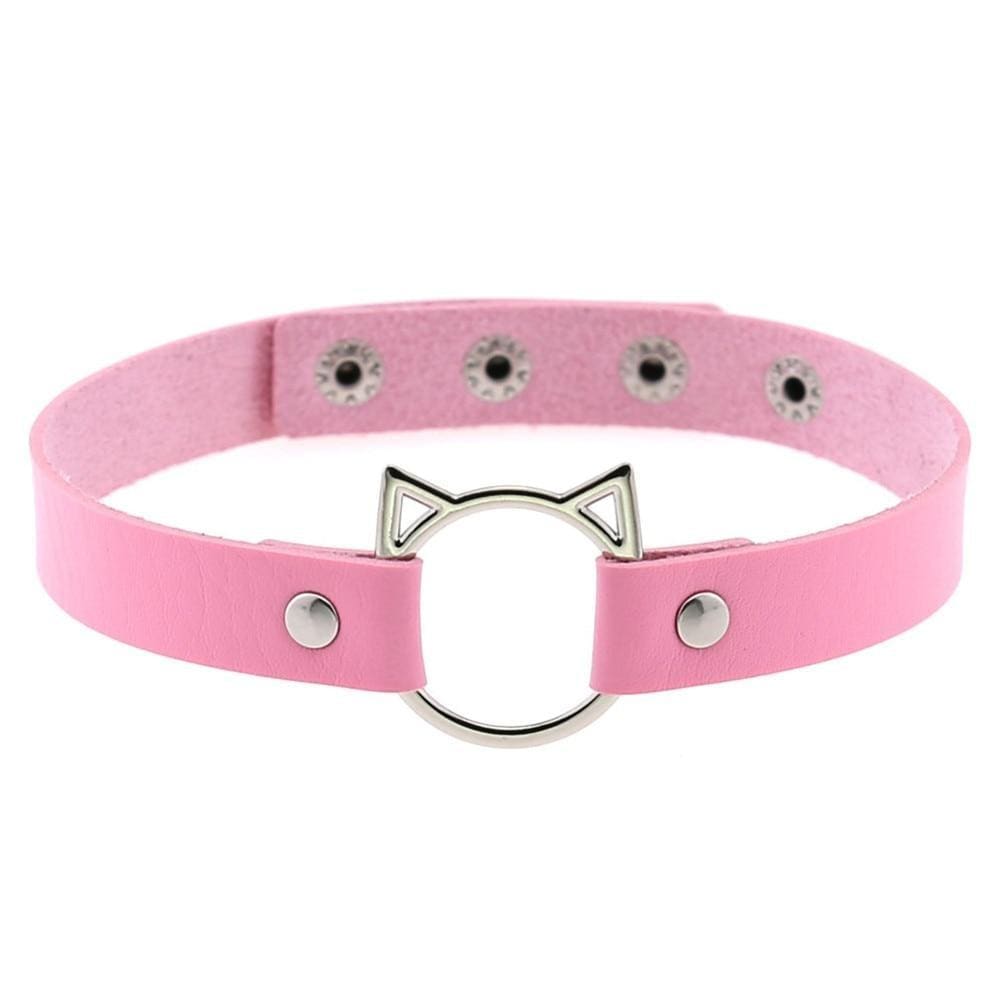 Pink faux leather neko cat choker with silver cat ear clasp and matching metal studs for edgy style