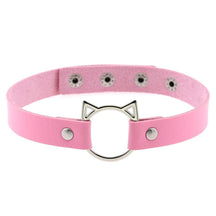 Pink faux leather neko cat choker with silver cat ear clasp and matching metal studs for edgy style