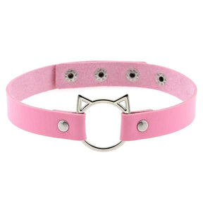 Pink faux leather neko cat choker with silver cat ear clasp and matching metal studs for edgy style