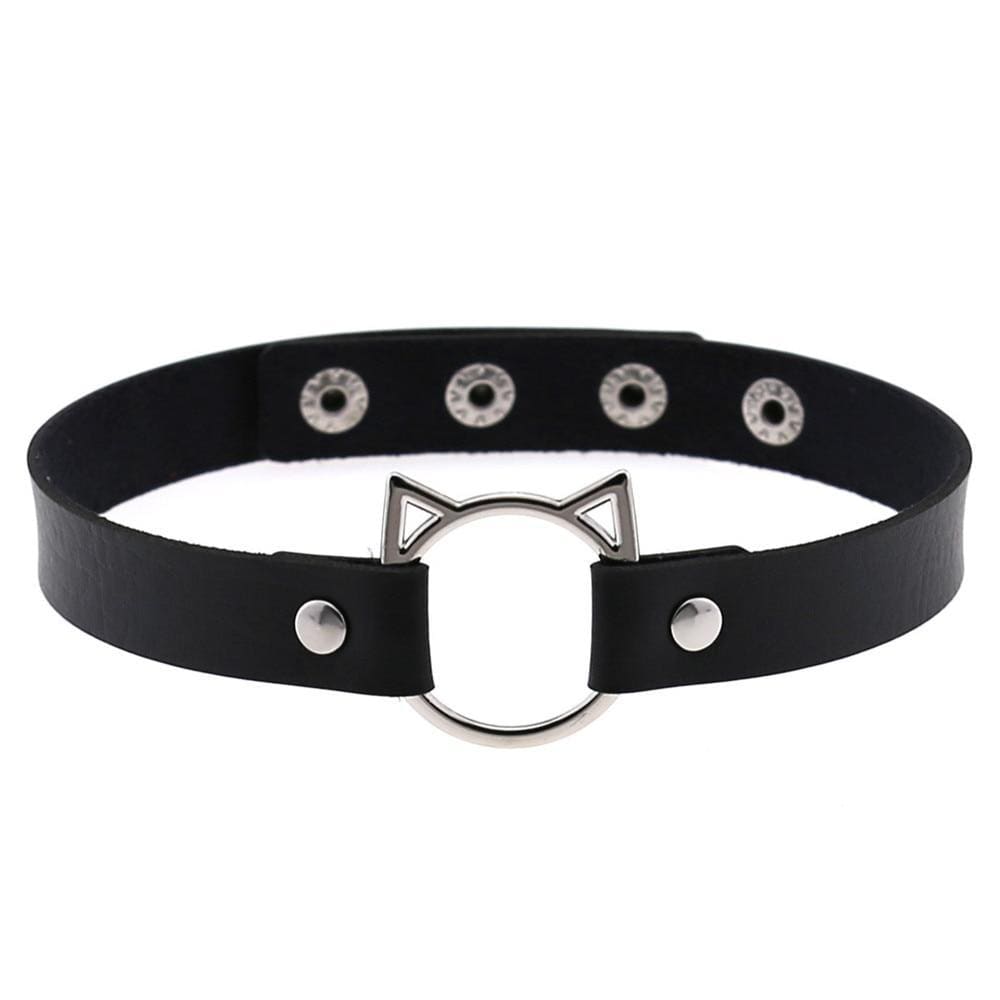 Black leather neko cat collar with silver cat ear clasp and decorative metal studs for edgy style