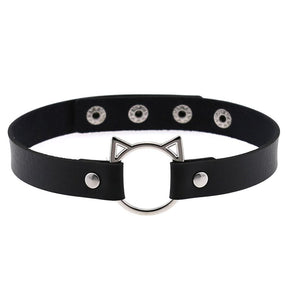 Black leather neko cat collar with silver cat ear clasp and decorative metal studs for edgy style
