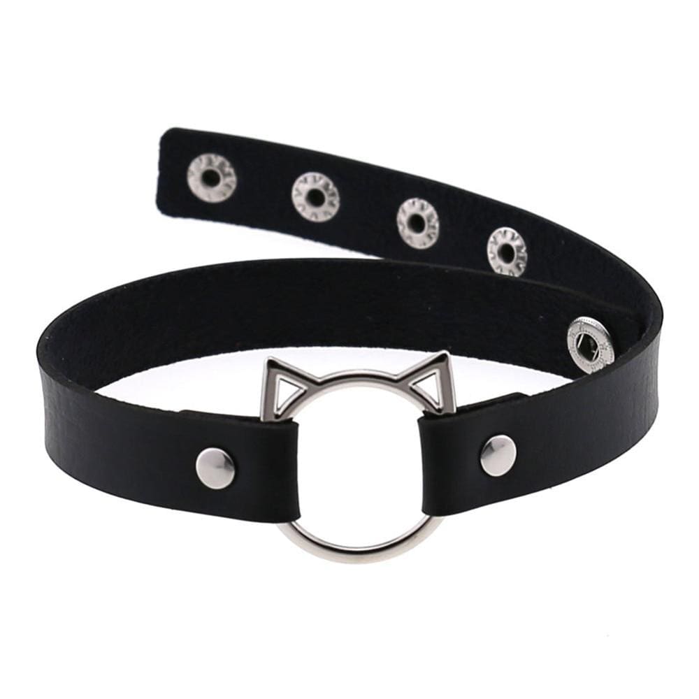 Black faux leather neko cat collar with silver cat ear clasp and metal studs for edgy style