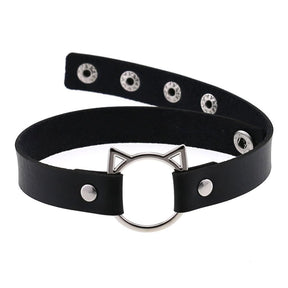 Black faux leather neko cat collar with silver cat ear clasp and metal studs for edgy style