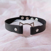 Black faux leather neko cat collar with silver cat ear buckle and matching metal studs for edgy style