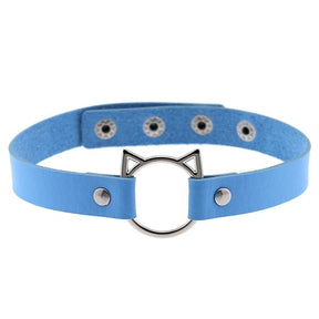 A light blue faux leather neko cat choker with silver cat ear clasp and circular ring perfect for cosplay