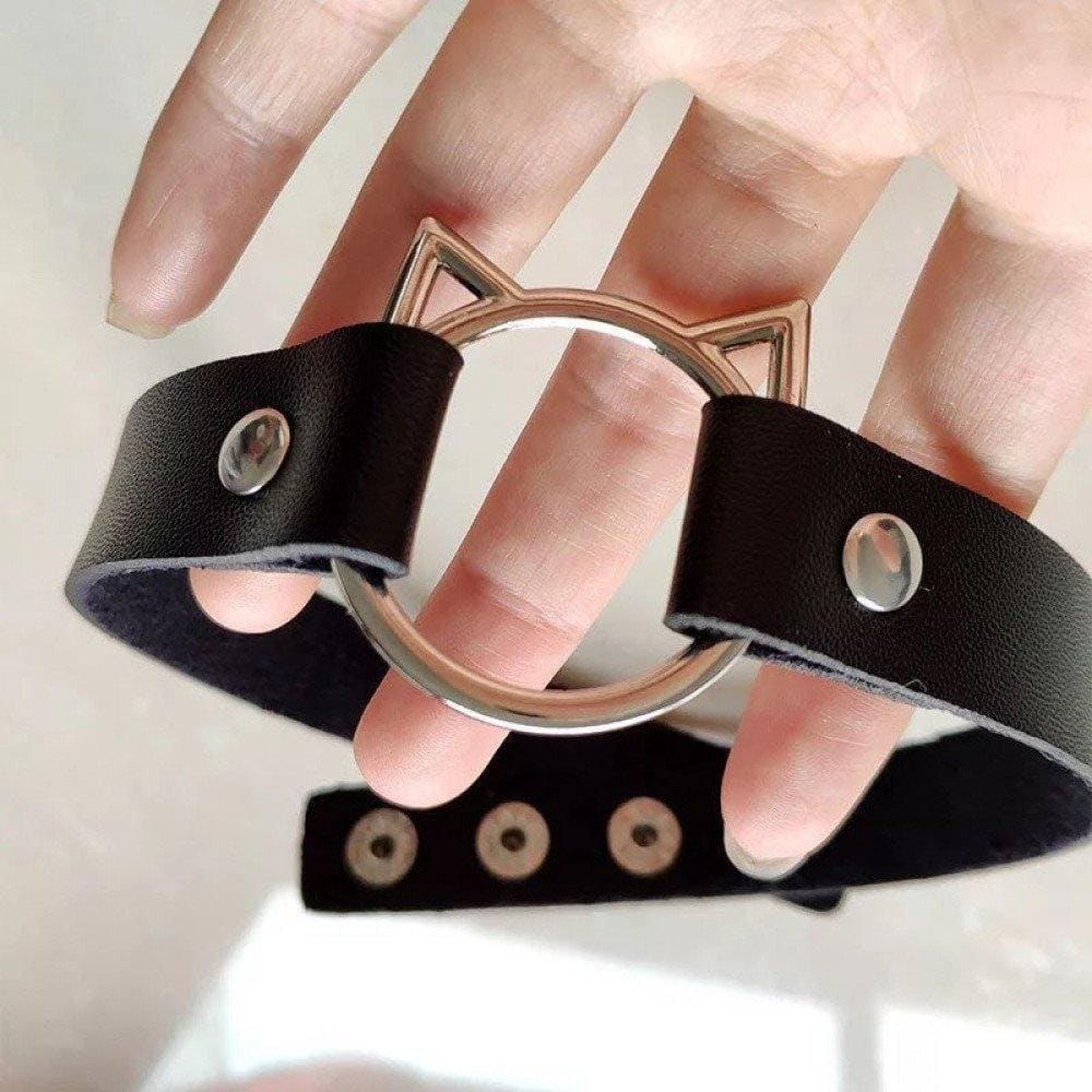 Black leather choker with metallic cat-ear ring centerpiece perfect for neko cat style accessories