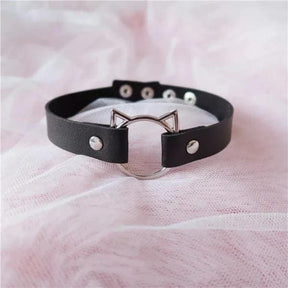 Black leather neko cat choker with silver cat-ear clasp and matching metal studs for edgy style