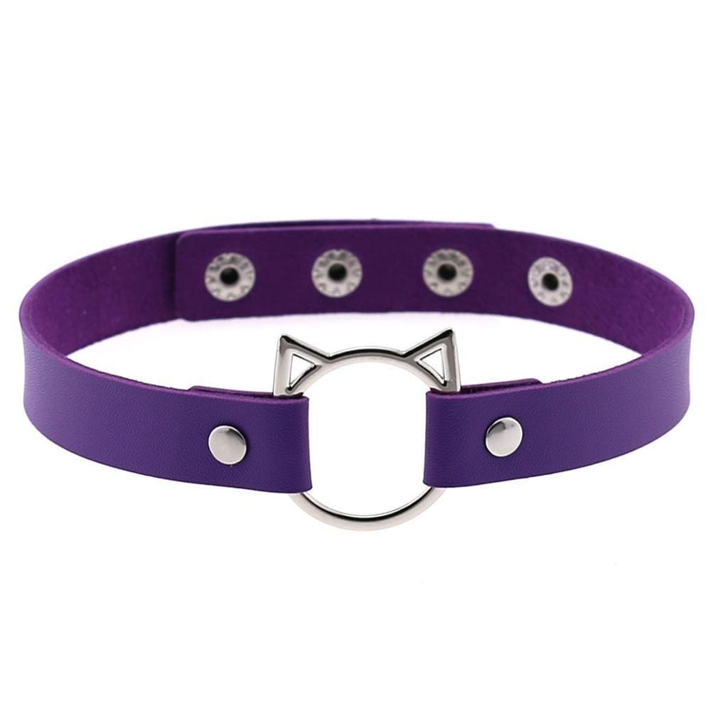 Purple faux leather neko cat choker with silver cat ear clasp and matching metal studs for edgy style