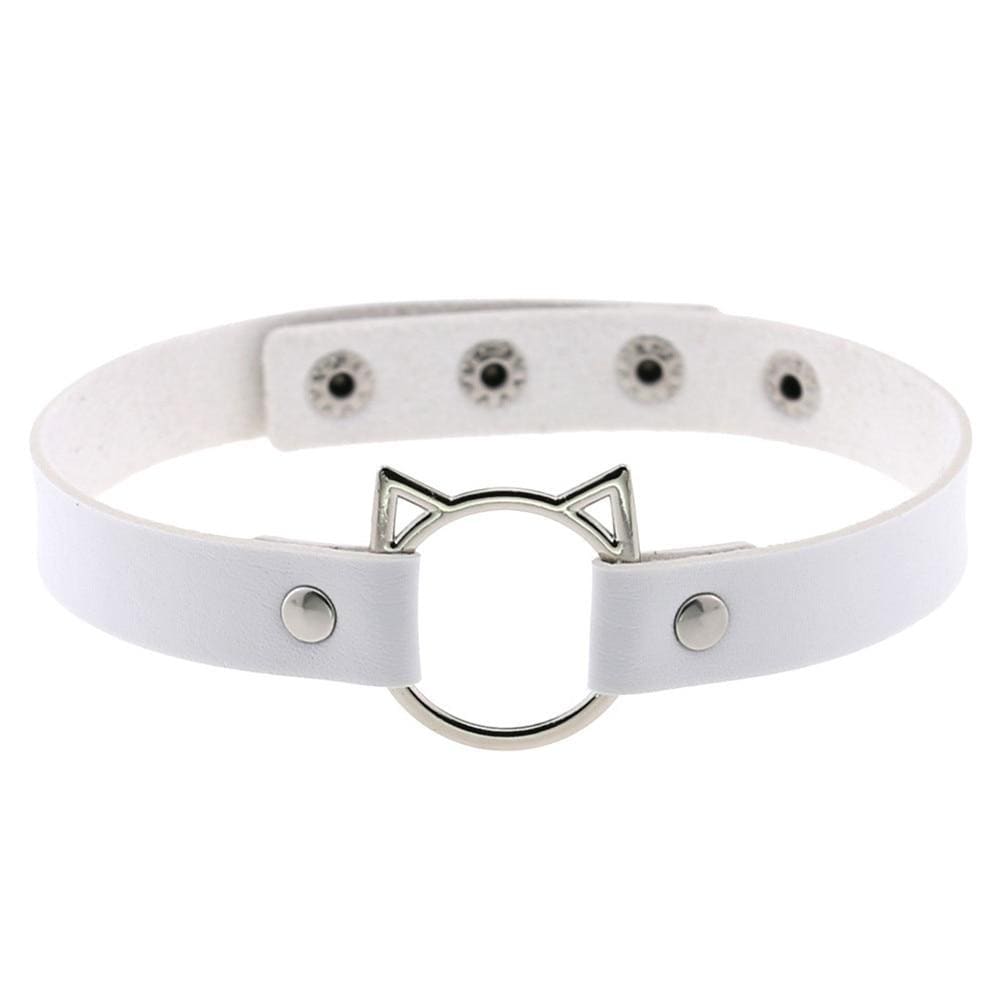 White leather neko cat choker with silver cat ear ring centerpiece for stylish cosplay or fashion accessory