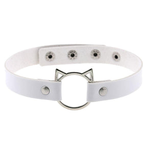 White leather neko cat choker with silver cat ear ring centerpiece for stylish cosplay or fashion accessory