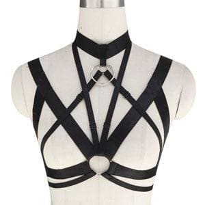 Black leather o-ring chest harness top with crisscross straps and central circular buckle