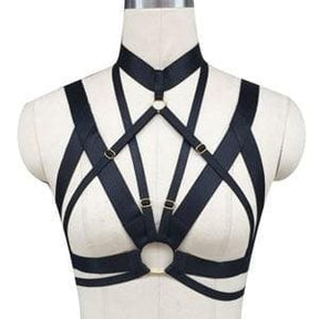 Black leather o-ring chest harness bra with adjustable straps and central circular ring for edgy style