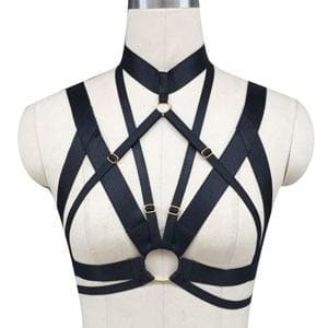 Black leather o-ring chest harness bra with adjustable straps and central circular ring for edgy style