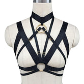 Black satin o-ring chest harness with gold-toned metal rings and adjustable buckles for a sleek chest harness look