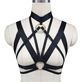 Black satin o-ring chest harness with gold-toned metal rings and adjustable buckles for a sleek chest harness look