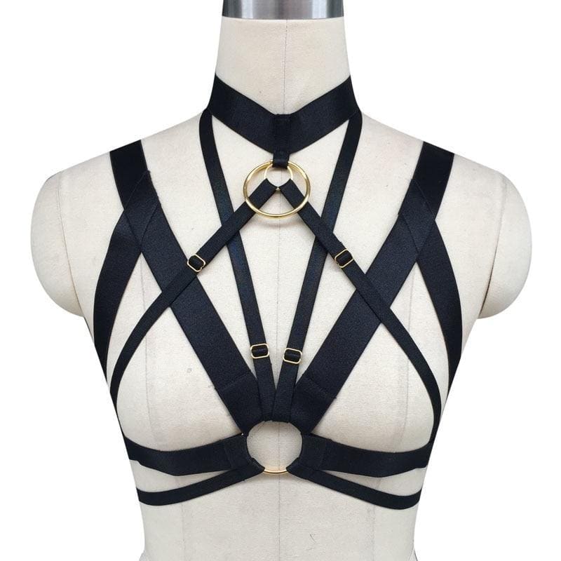 Black satin o-ring chest harness with gold-toned metal rings and adjustable buckles for a sleek chest harness look