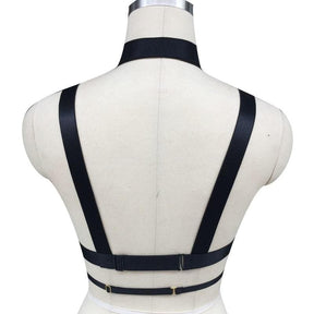 Black leather o-ring chest harness with adjustable straps and metal buckles for a sleek fit and style