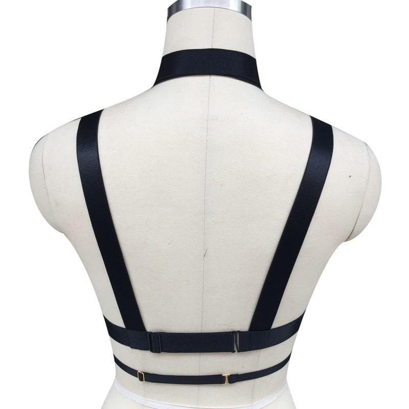 Black leather o-ring chest harness with adjustable straps and metal buckles for a sleek fit and style