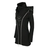Black hooded coat with double zipper and mystical occult embroidery perfect for cool edgy style