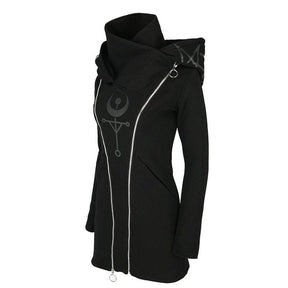 Black hooded coat with double zipper and mystical occult embroidery perfect for cool edgy style