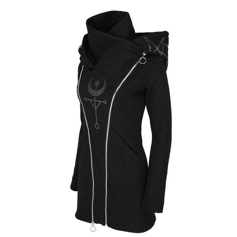 Black hooded coat with double zipper and mystical occult embroidery perfect for cool edgy style