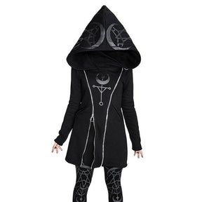 Black hooded coat with silver moon and pentagram designs and double zipper for a mystical occult look