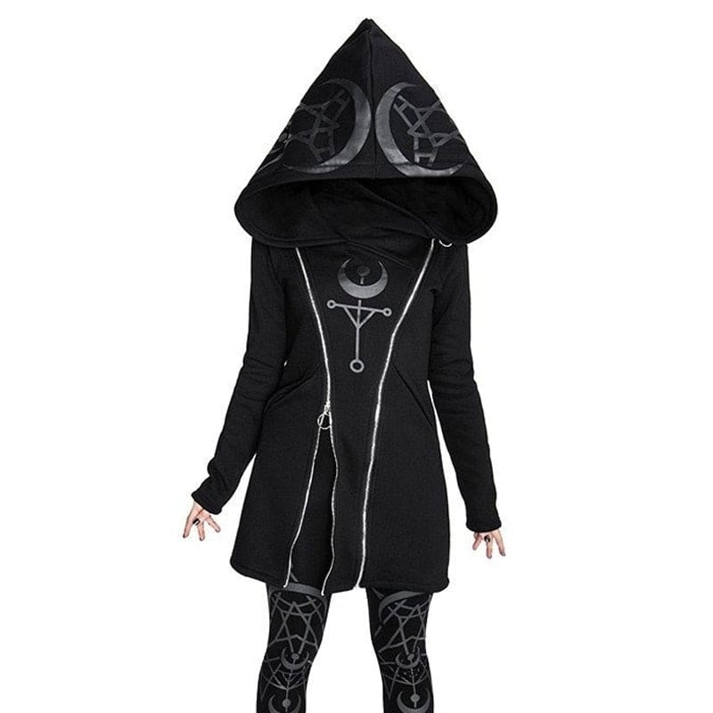 Black hooded coat with silver moon and pentagram designs and double zipper for a mystical occult look