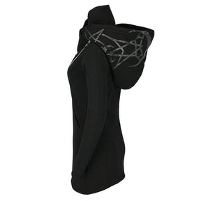 Black hoodie with silver geometric pattern on hood featuring mystical occult double zipper cowl design