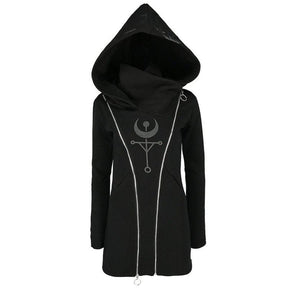 Black hooded coat with double zipper and gray mystical occult symbol on the chest perfect for casual wear