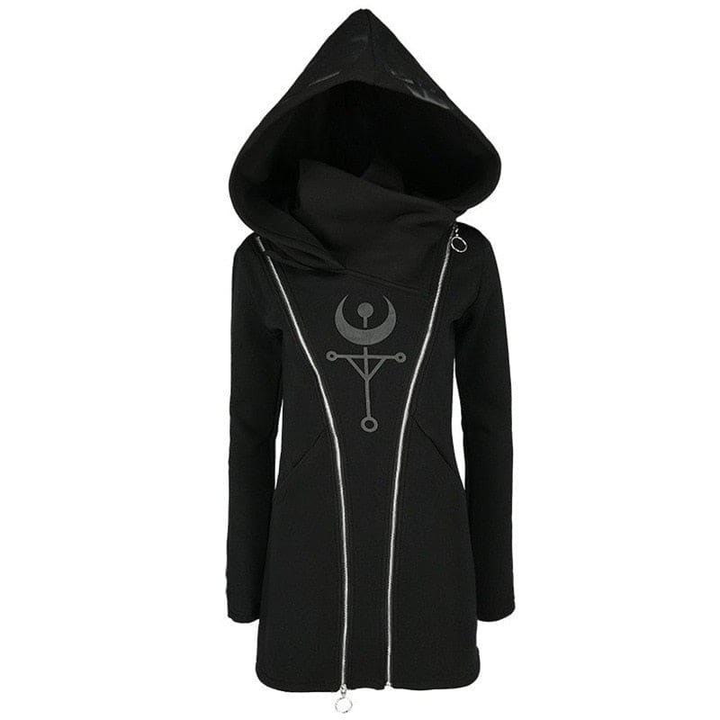 Black hooded coat with double zipper and gray mystical occult symbol on the chest perfect for casual wear