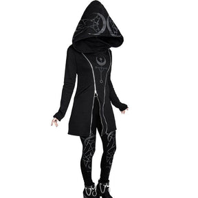 Black hooded coat with silver moon and geometric patterns features a mystical occult double zipper design with matching leggings