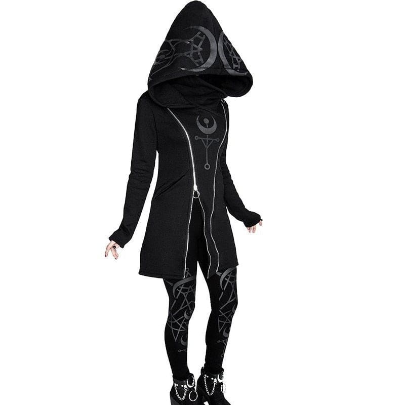 Black hooded coat with silver moon and geometric patterns features a mystical occult double zipper design with matching leggings