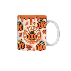Orange Pumpkin Spice Life mug with pumpkin illustrations, falling leaves and a white handle.